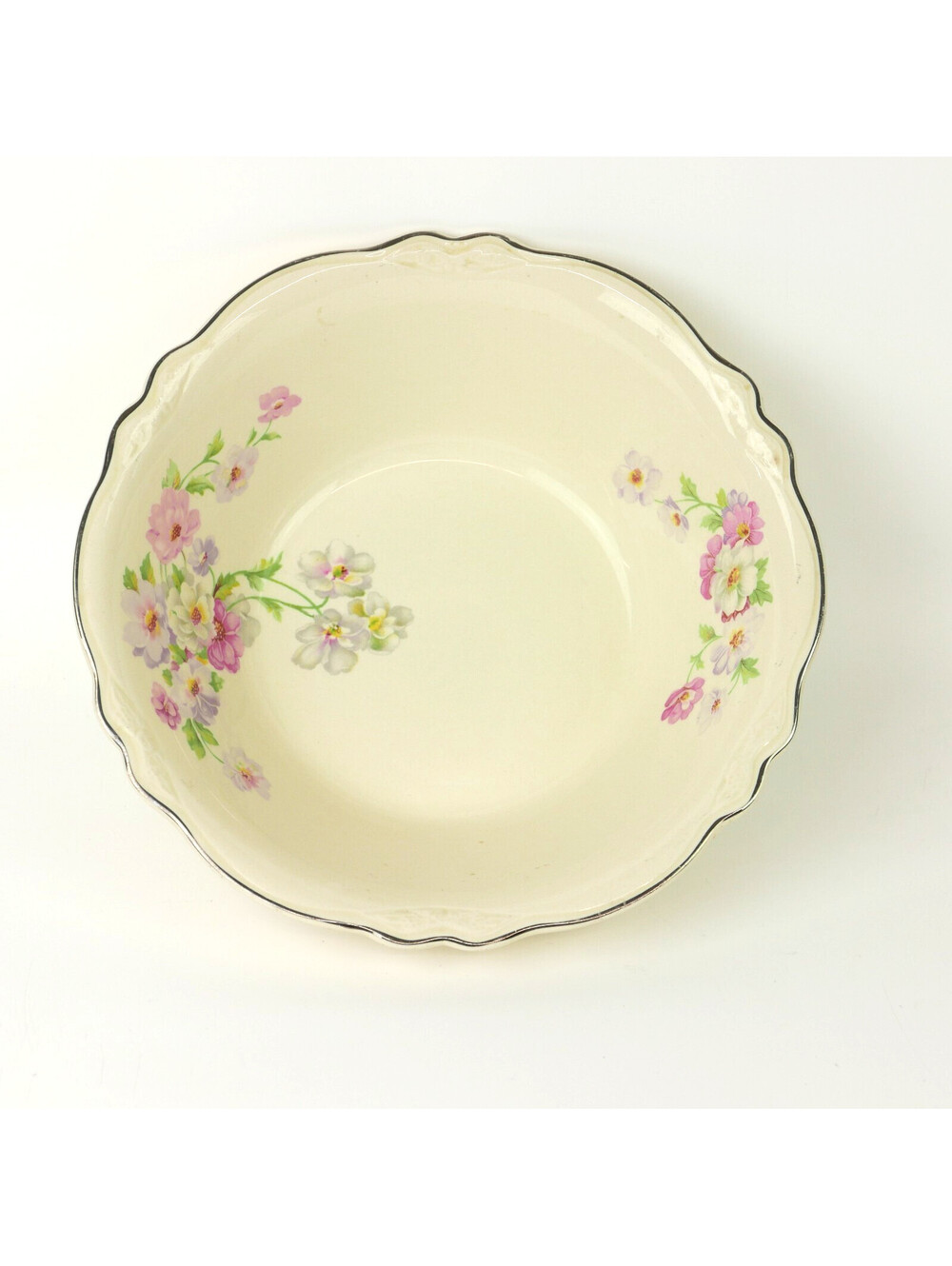 Homer Laughlin Virginia Rose Ceramic Serving Bowl Fluffy Rose Platinum Rim 9"